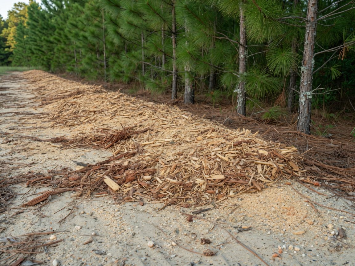 Close-up of fresh mulch bed after forestry mulching